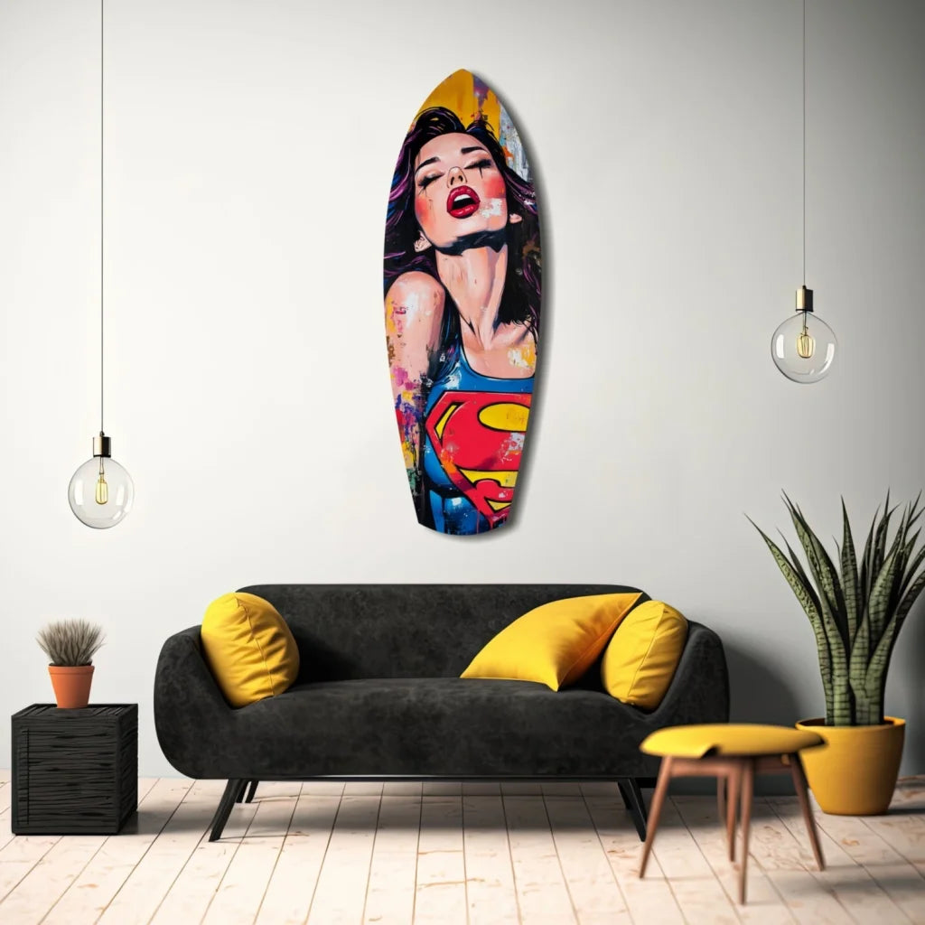 Vibrant pop art superhero woman in tempered glass art on wall
