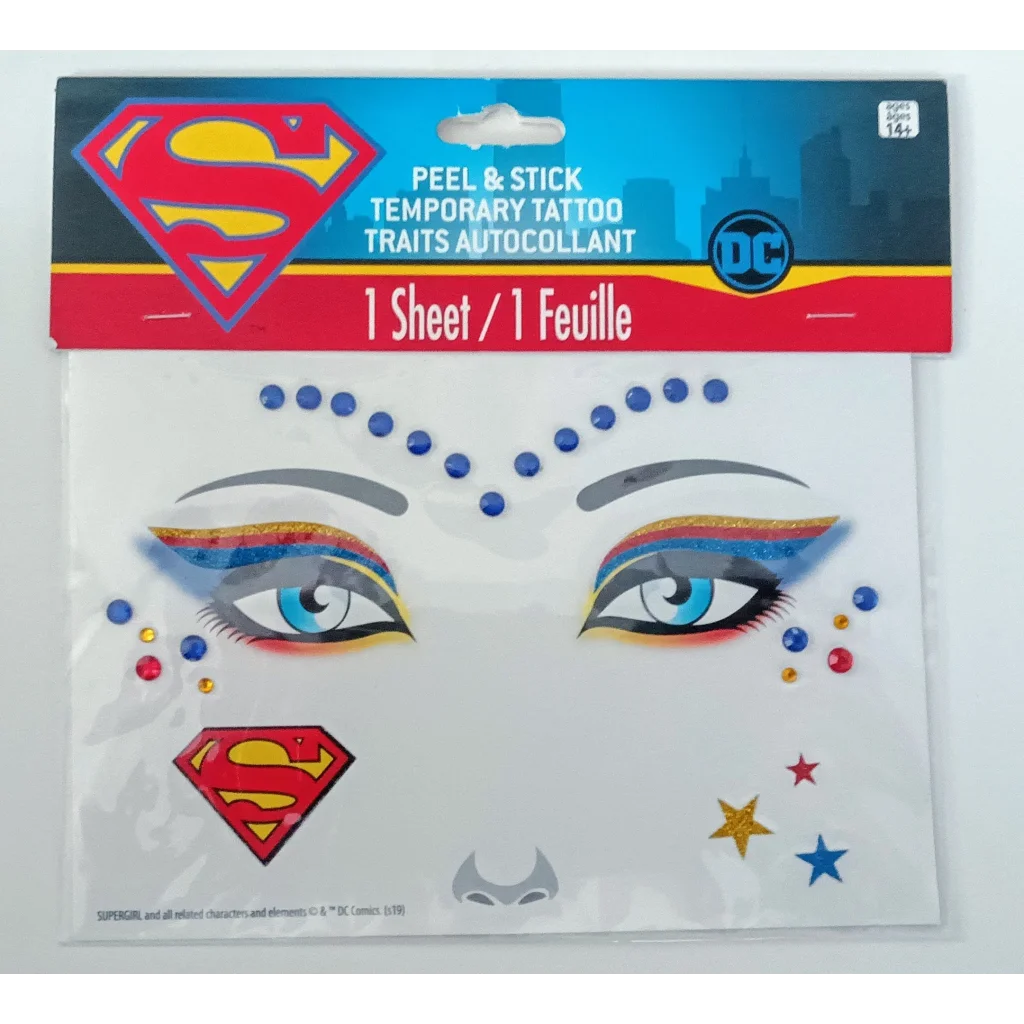 Superman temporary tattoos sheet with colorful stars and designs