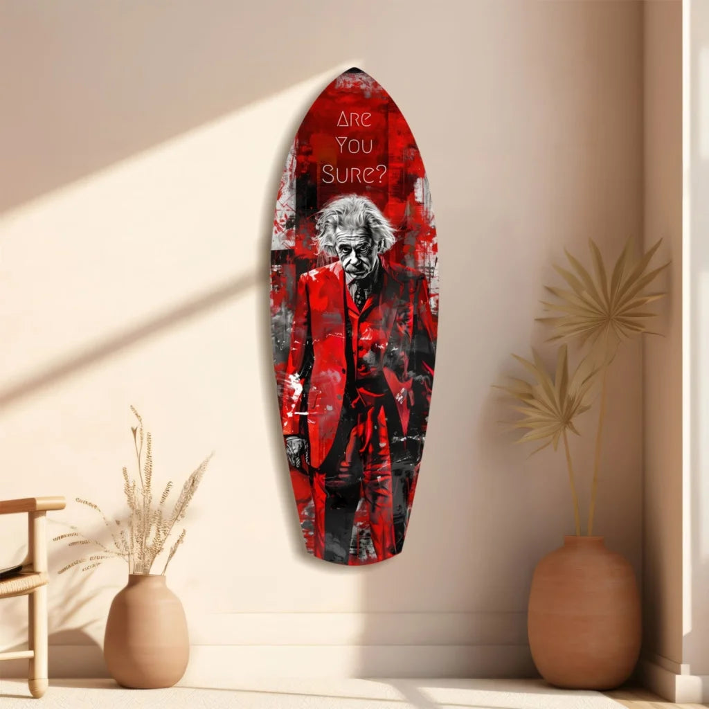 Stunning tempered glass art of red black surfboard Einstein portrait with Are you sure? text