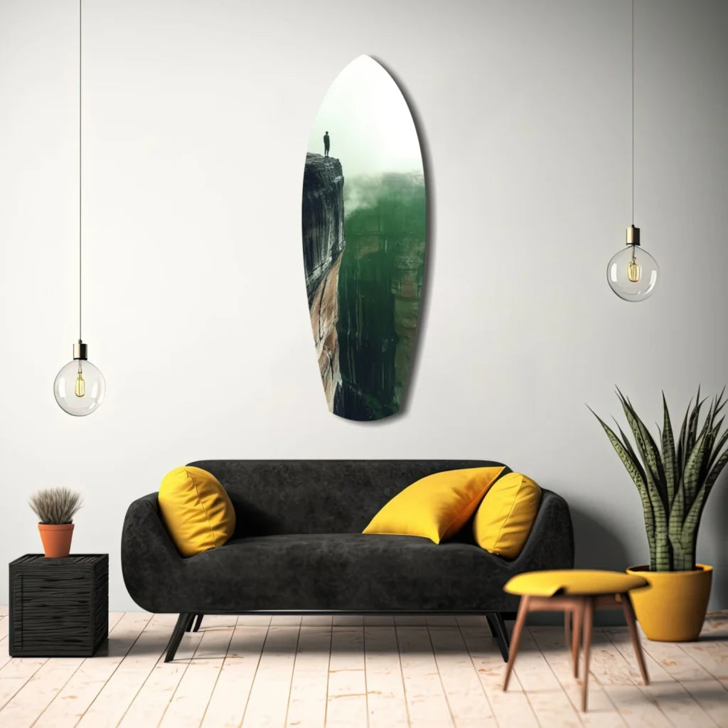 Sleek surfboard tempered glass art with misty cliffside and size comparison