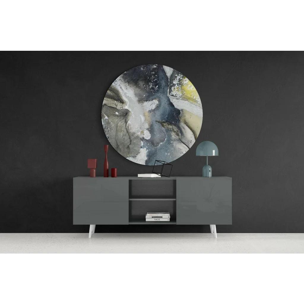 Swirling abstract tempered glass art circle in gray, white, yellow tones