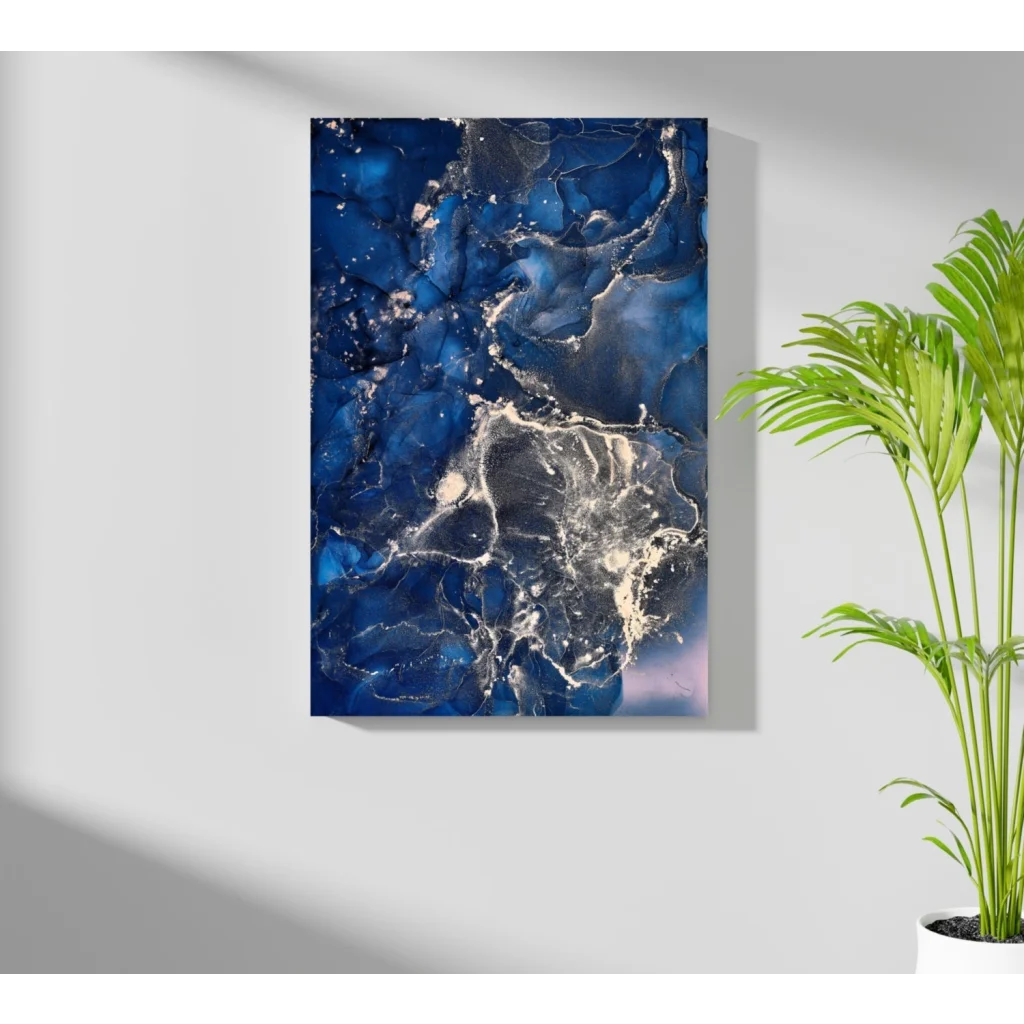Abstract swirling blue and gold marbled aluminum wall art