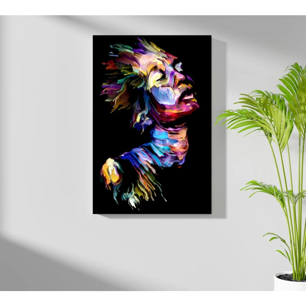 Vibrant swirling purple blue orange abstract face on black aluminum print