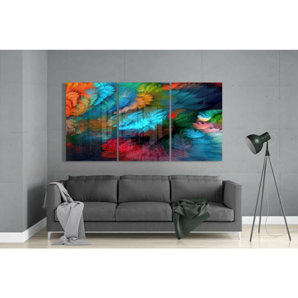 Vibrant swirling colors abstract triptych wall art set in orange, blue, green, red