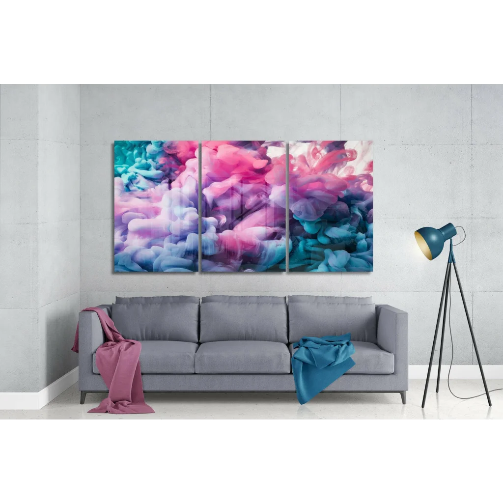 Swirling teal and pink abstract triptych wall art canvas print