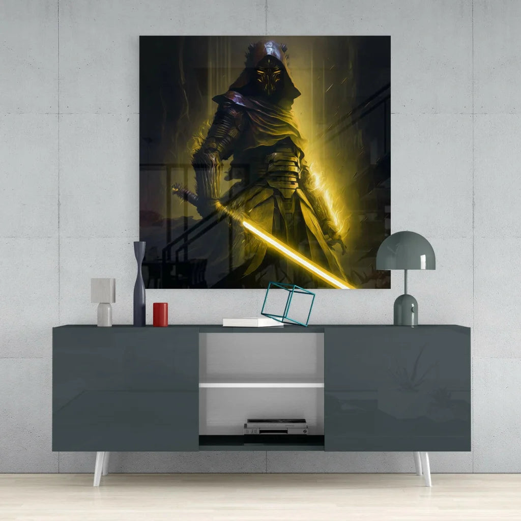 Dark armored warrior with glowing yellow lightsaber glass wall art
