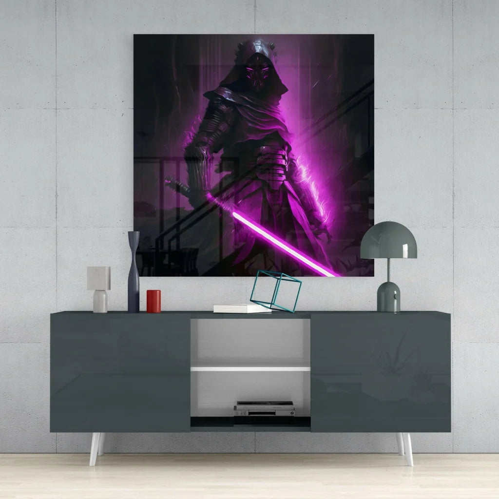 Epic purple lightsaber warrior glass wall art poster