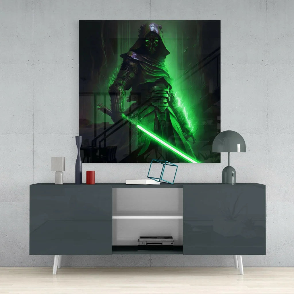 Glowing green Sith Lord glass wall art with lightsaber warrior poster