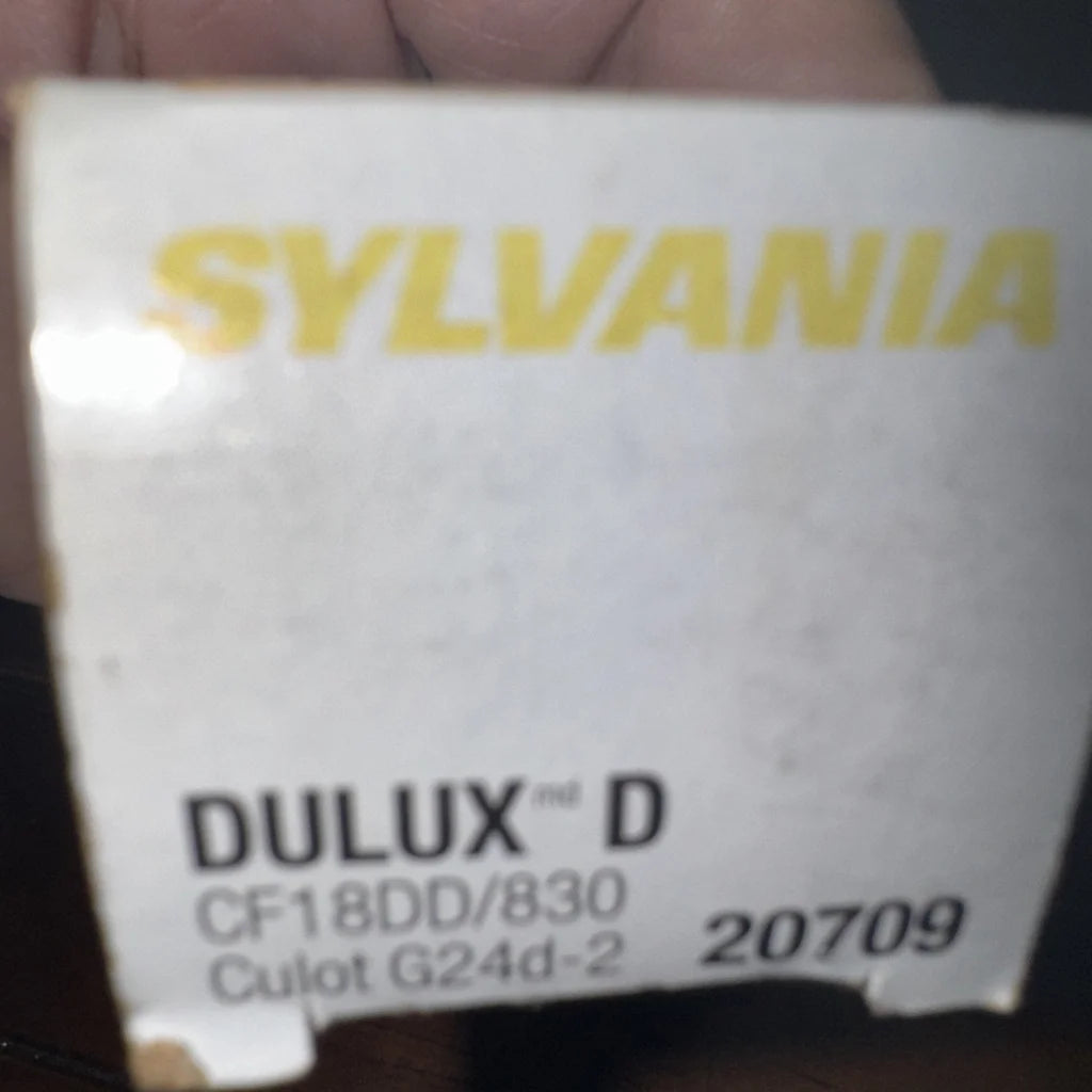 Sylvania CF18DD/830/ECO 18W CFL light bulb in white box with G24d-2 code