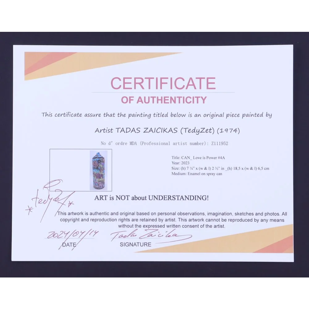 Certificate of authenticity for Tadas Zaicikas original art piece spray paint titled Love is Power #4A