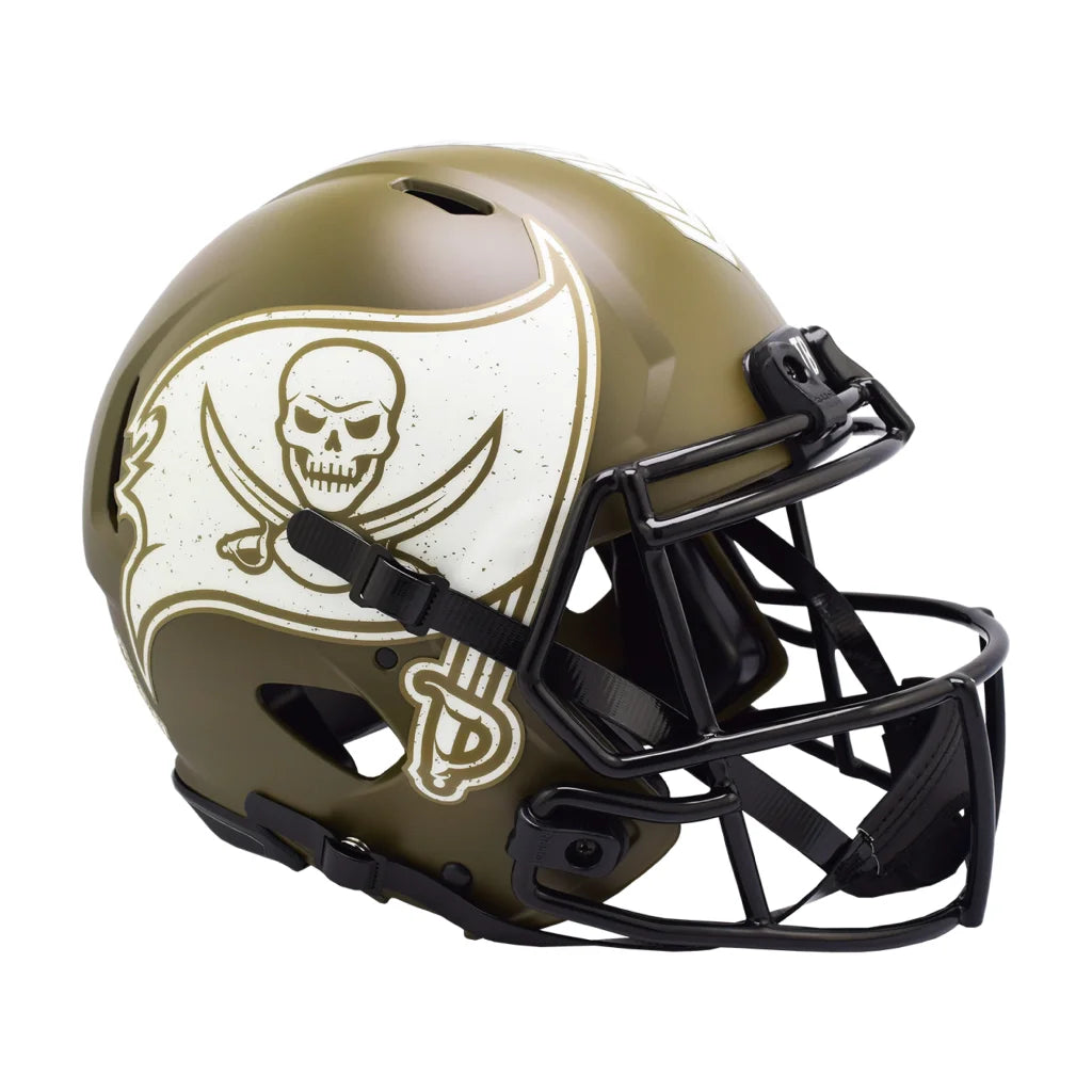 Gold and white Tampa Bay Buccaneers Salute to Service Riddell helmet 2022 with black face mask