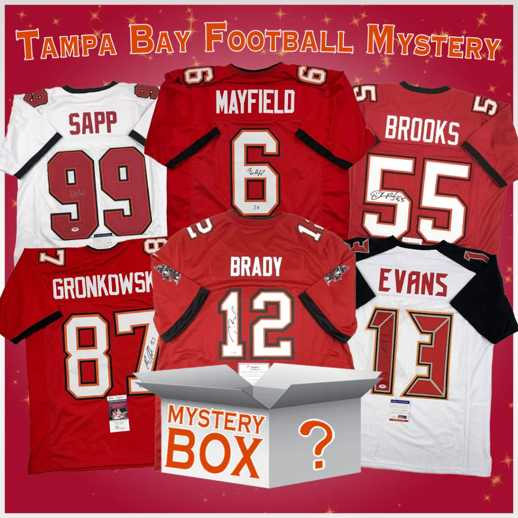 Tampa Bay Football Mystery Box with signed red, white, black jerseys