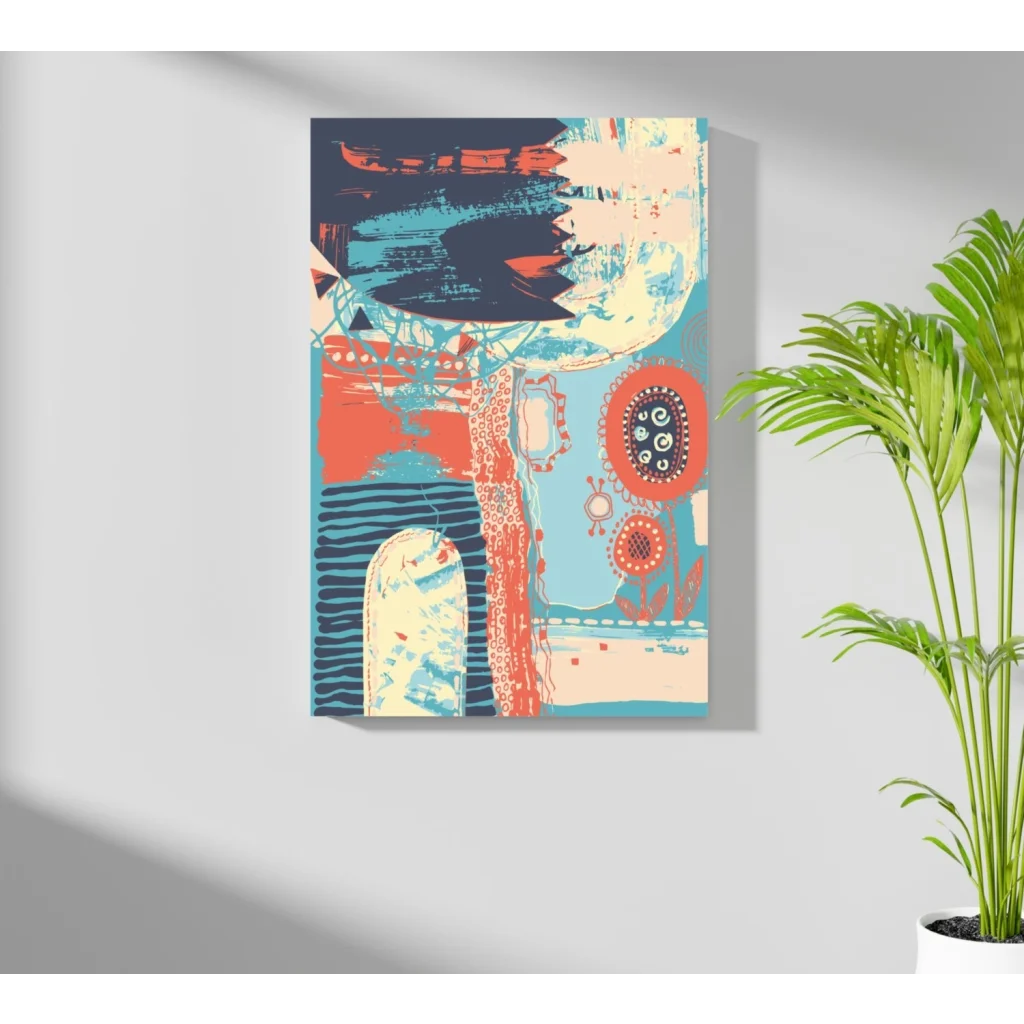 Vibrant teal coral abstract floral canvas wall art with bold brushstrokes