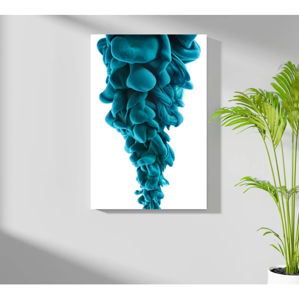 Vibrant teal ink cloud on Insigne Aluminum Prints mounted on white wall