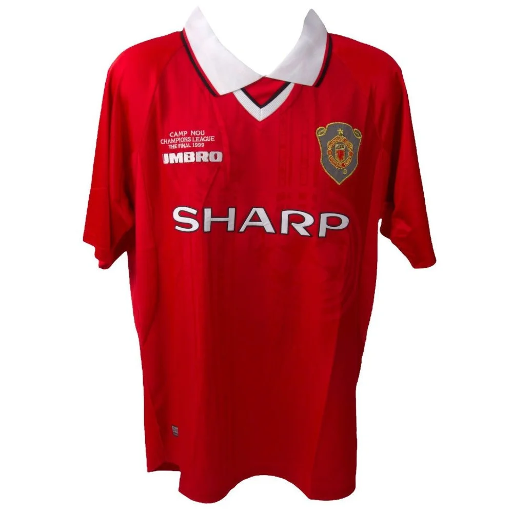 Red short-sleeved Manchester United jersey with white collar, Teddy Sheringham Umbro design