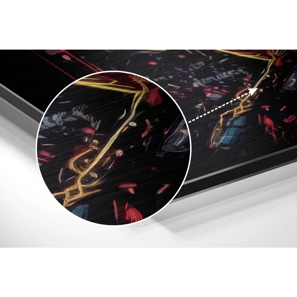 Black framed brushed aluminium dibond print with gold red streaks