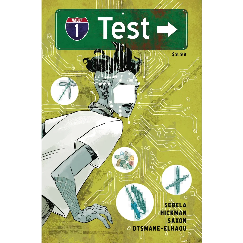 Green road sign with Test text, arrow, and Vault 1 emblem from TEST #1 comic