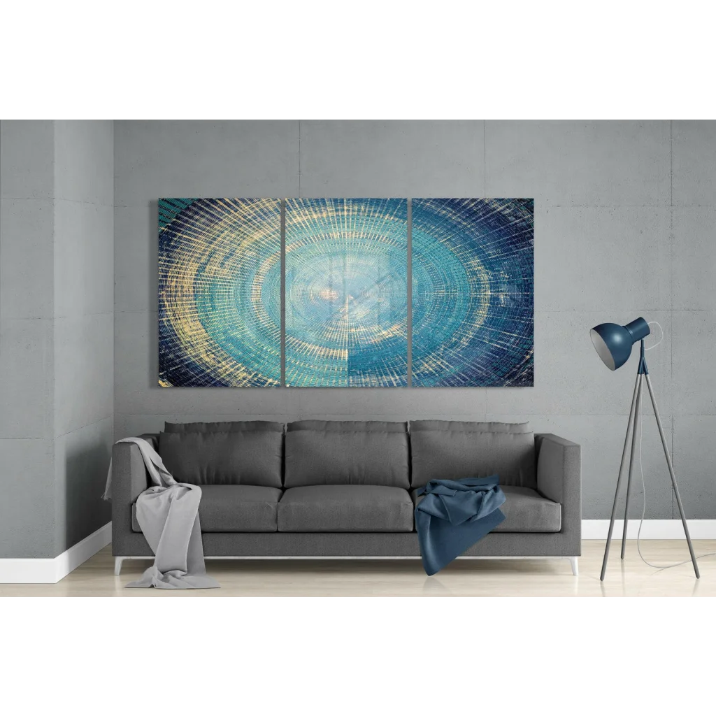 Stunning blue teal circular glass wall art triptych with golden accents