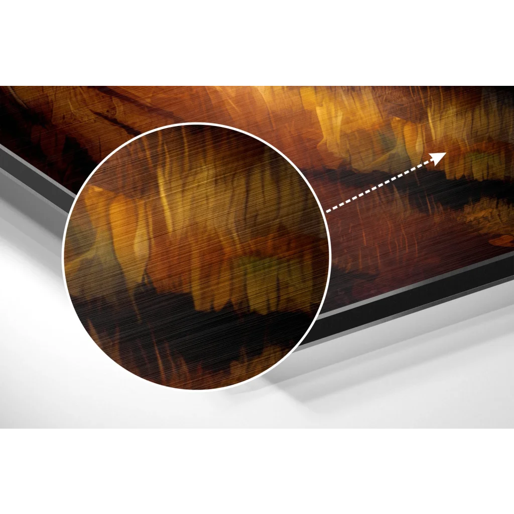 Bold abstract painting in amber and orange on brushed aluminium dibond wall art