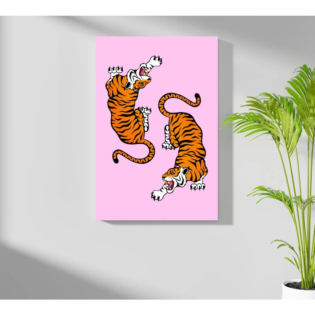 Vibrant pink Dual Tigers Insigne Aluminum Prints with orange striped tigers