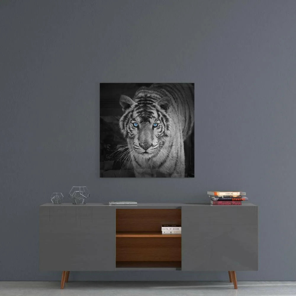 Striking white tiger glass wall art with piercing blue eyes on canvas
