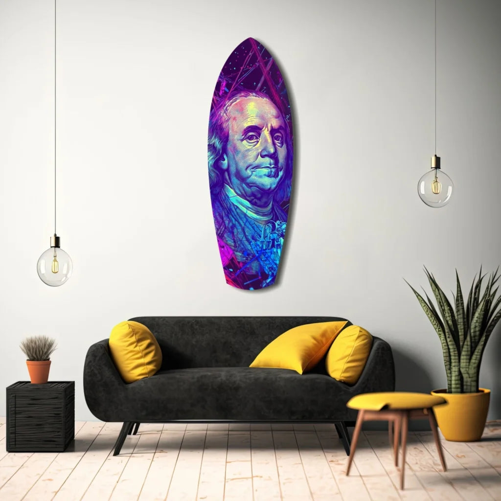Vibrant neon Benjamin Franklin surfboard tempered glass art