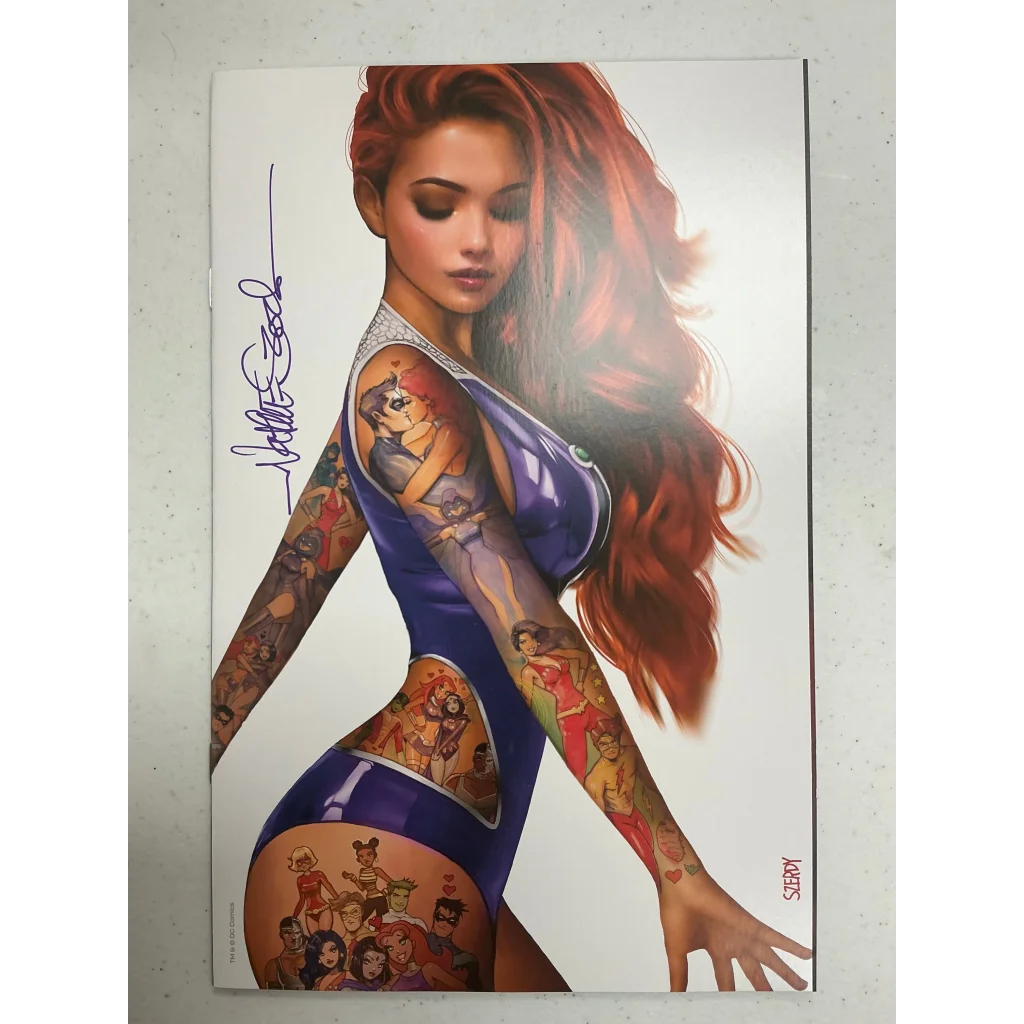 Signed comic cover with red-haired woman, superhero tattoos, by Nathan Szerdy and Tom Taylor