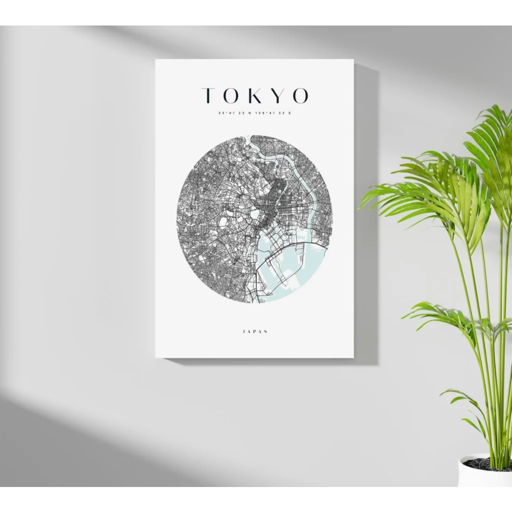 Minimalist Tokyo map aluminum print with mint green waterways