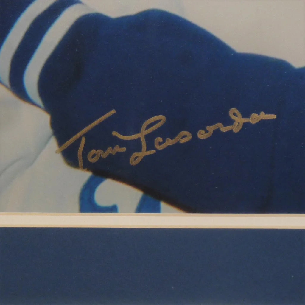 Blue varsity sleeve with white stripes and Tom Luebke gold signature, Los Angeles Dodgers framed photo