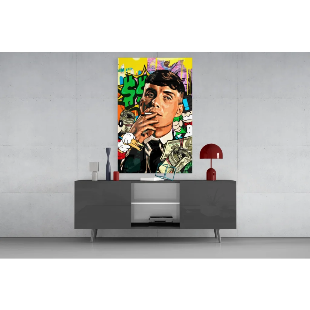 Vibrant pop-art glass wall art portrait of suited man with graffiti and dollar bills