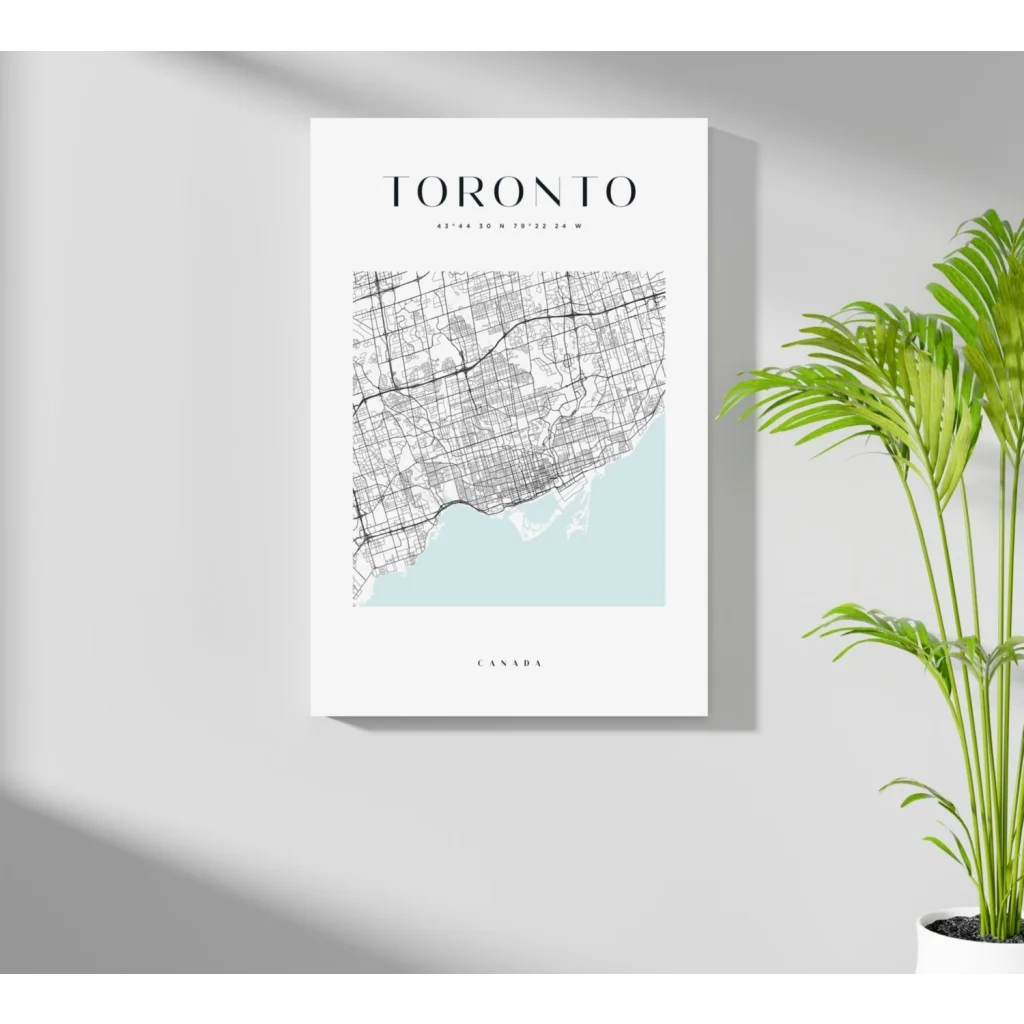 Minimalist Toronto map on insigne aluminum print with white frame