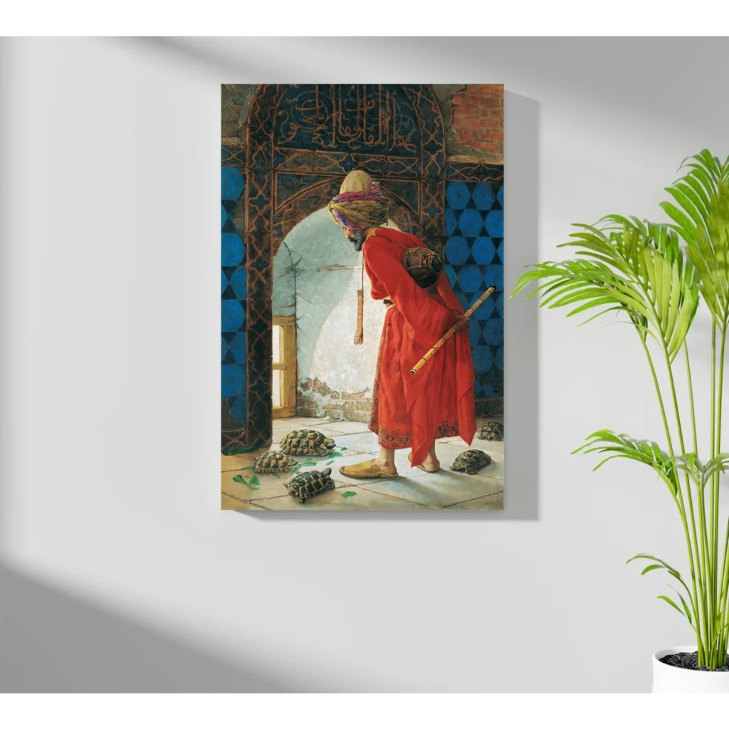 Vibrant red robed figure insigne aluminum print in ornate archway