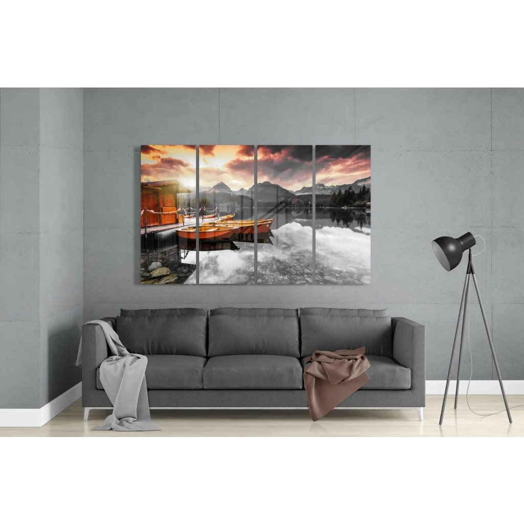Tranquil lake boats 3-panel canvas wall art with sunset hues