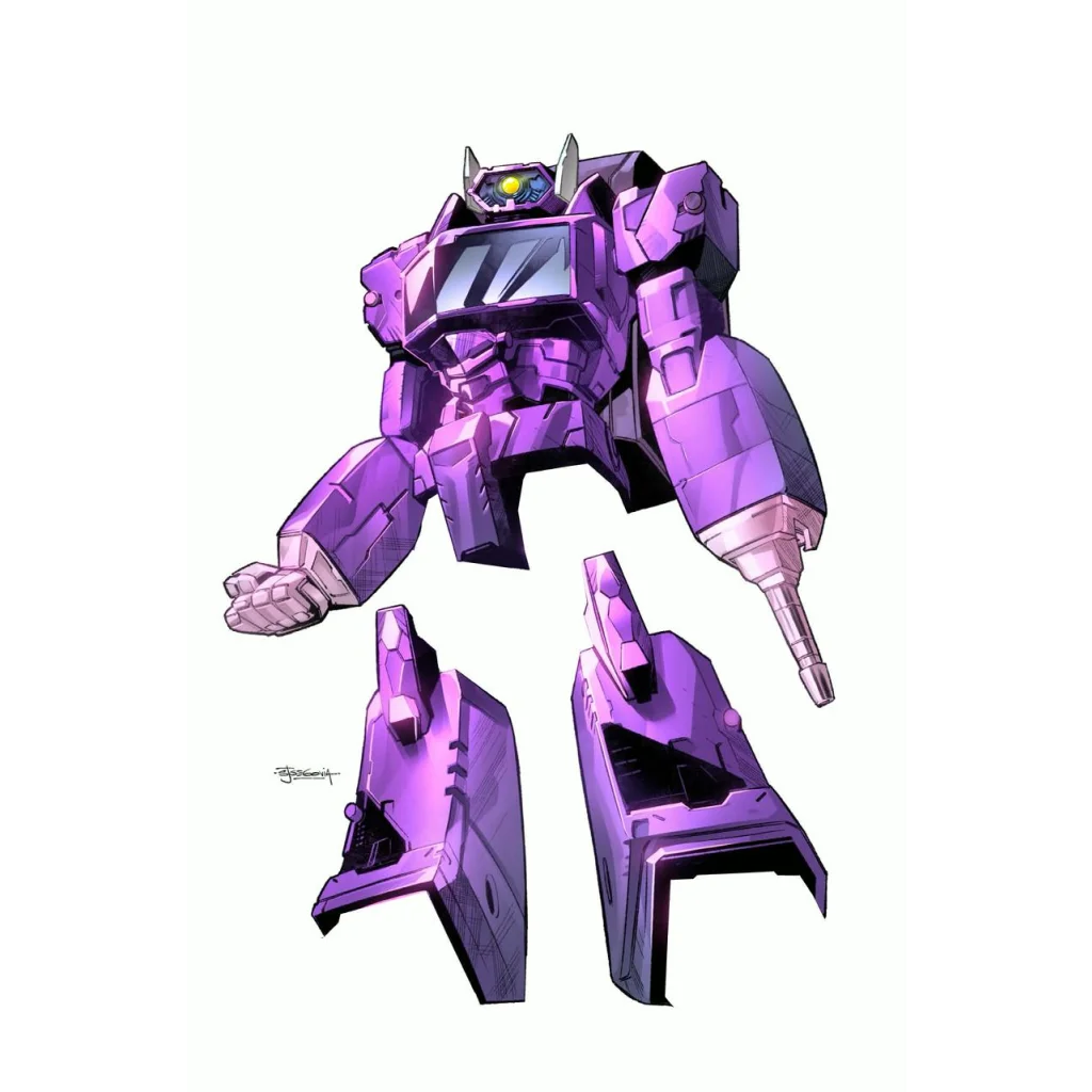 Purple transformer robot with yellow and blue visor and angular metallic armor in stephen segovia exclusive white variant