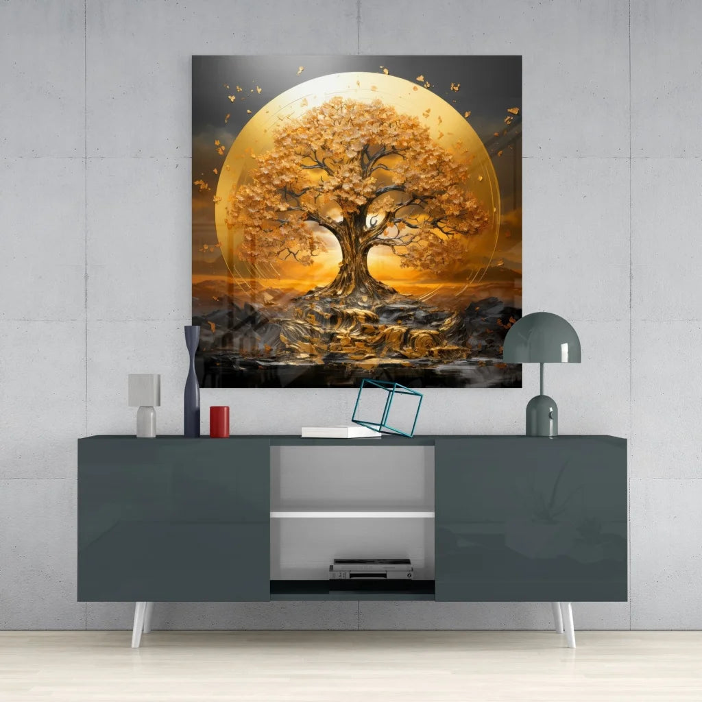 Stunning golden tree tempered glass art on gray table