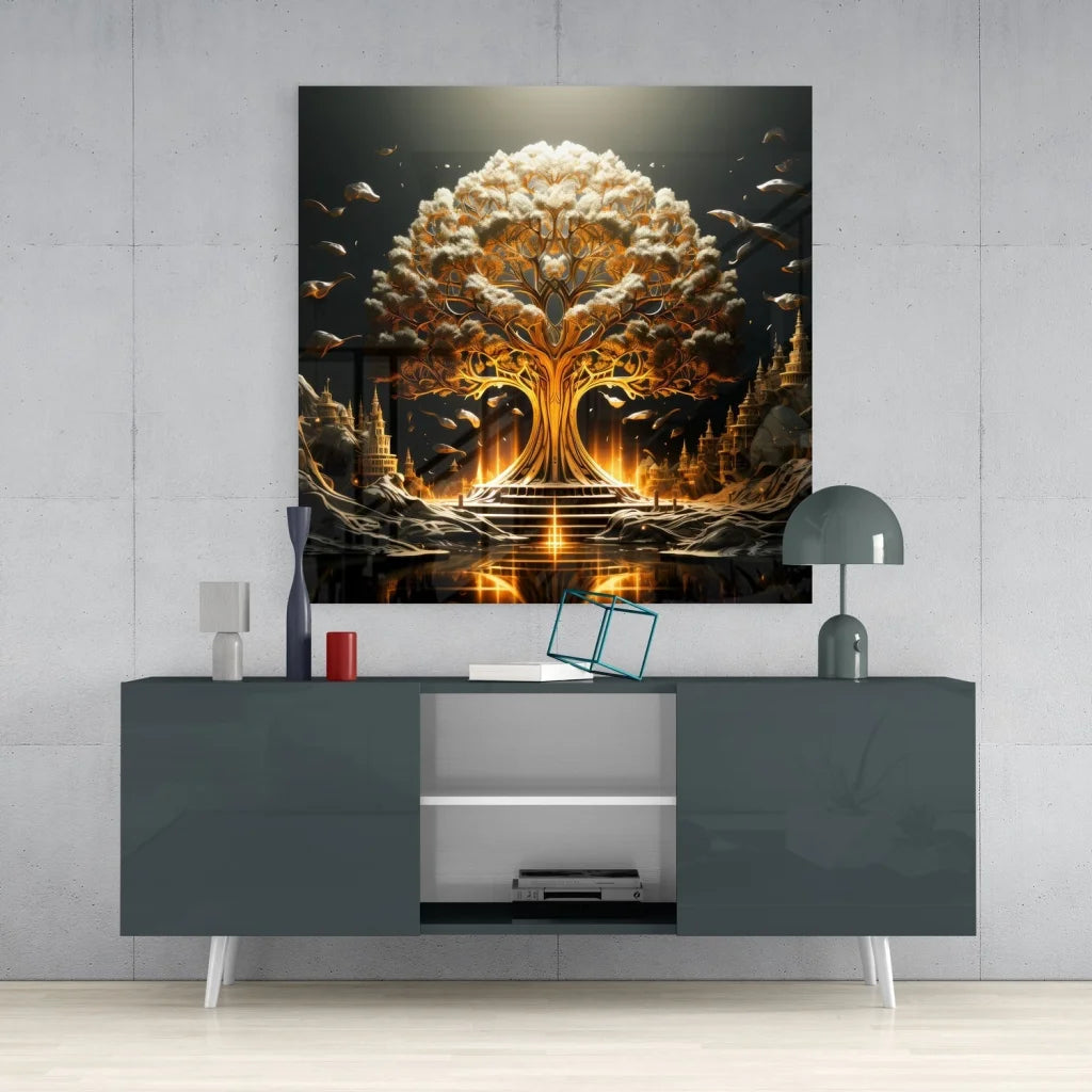 Magical Golden Tree Tempered Glass Art Print | Contemporary Home Wall Art | vintageantiquesgifts.com