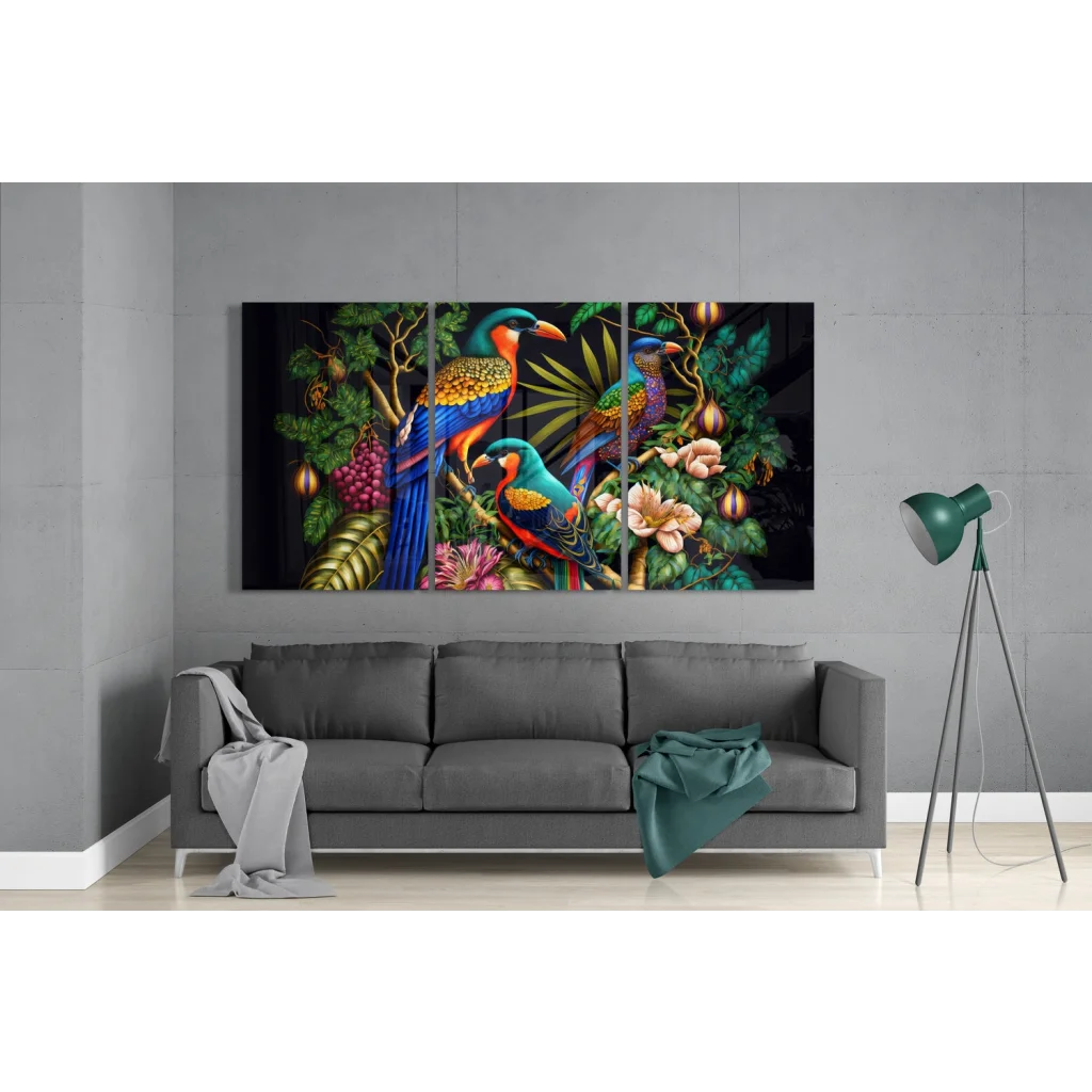 Vibrant tropical bird glass art with colorful birds in lush foliage