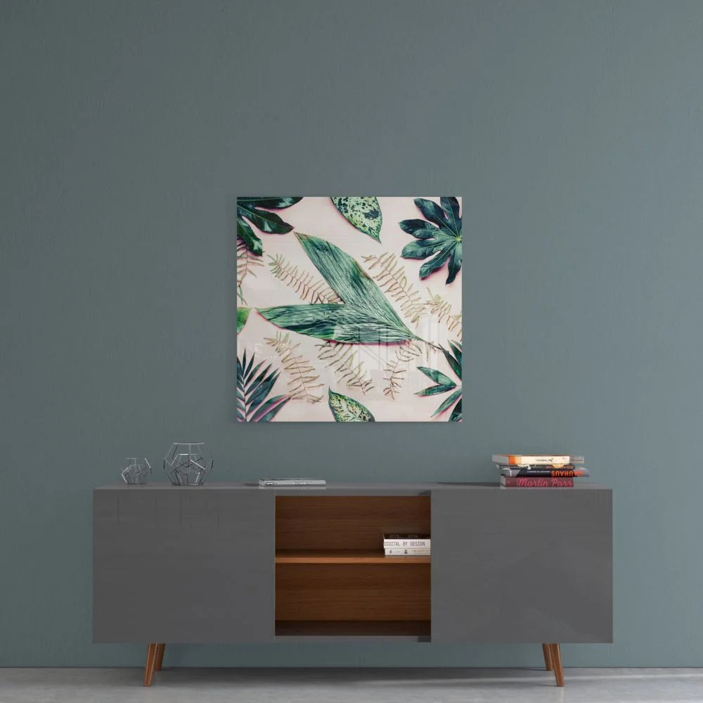 Tropical leaf tempered glass art in pink and green with ferns