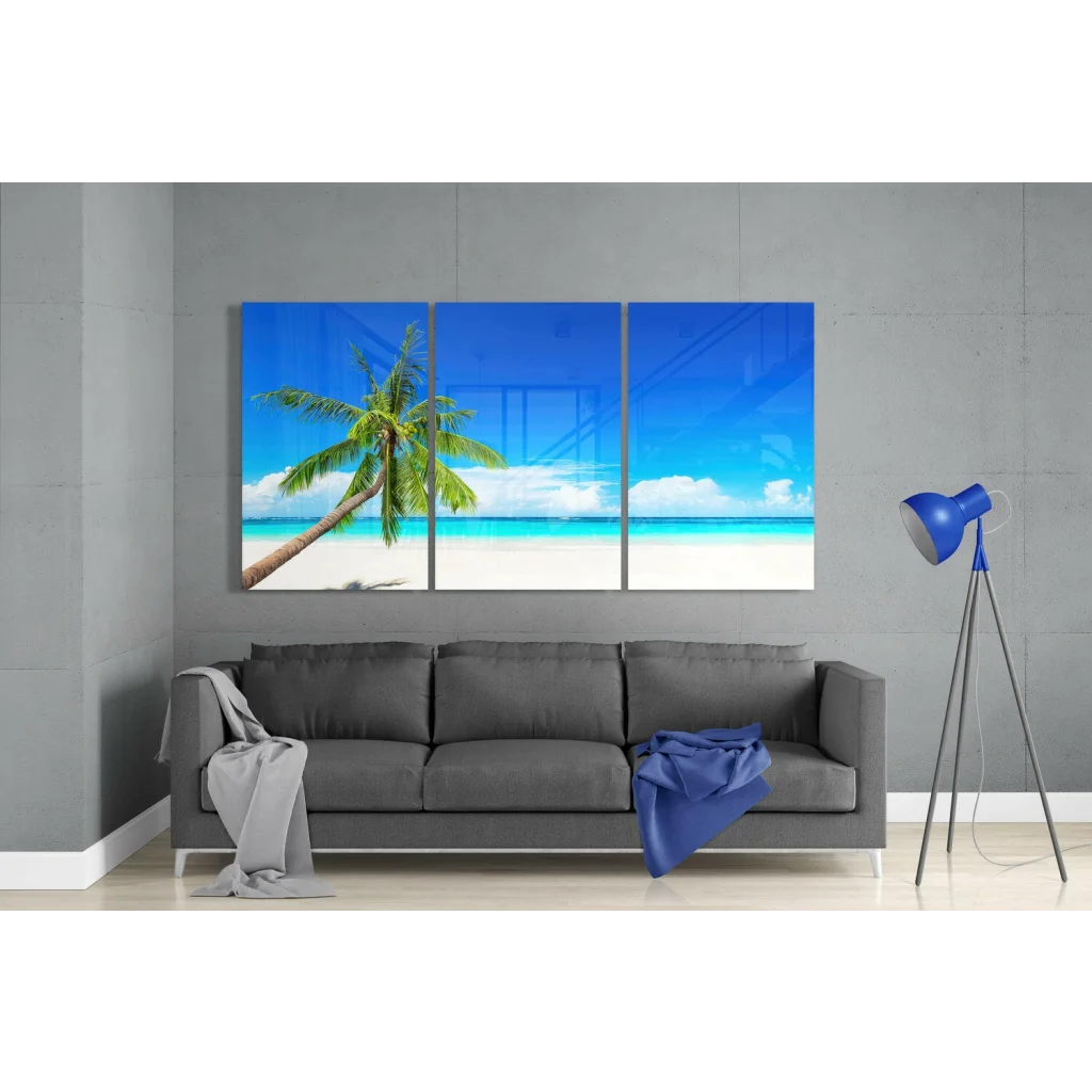 3-panel glass wall art of tropical beach with palm tree, turquoise water, white sand
