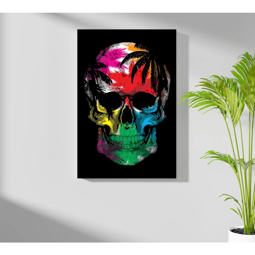 Vibrant multicolored skull with tropical palms on black aluminum print