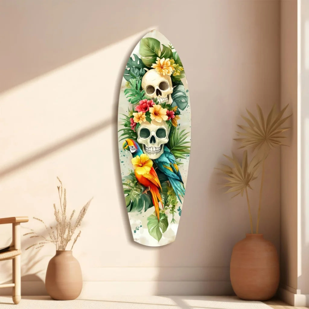 Vibrant tropical skull surfboard tempered glass art with parrot