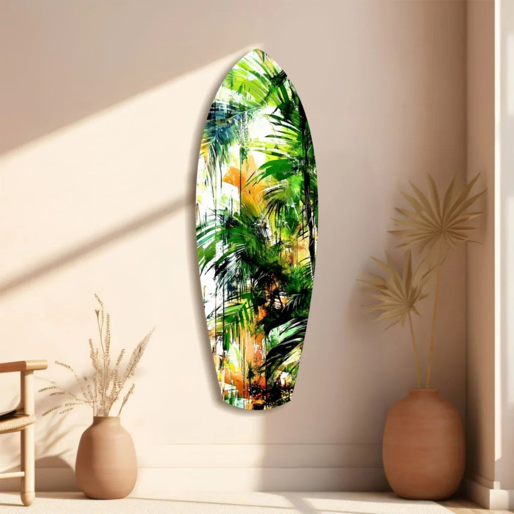 Tropical surfboard tempered glass art mural with size comparison