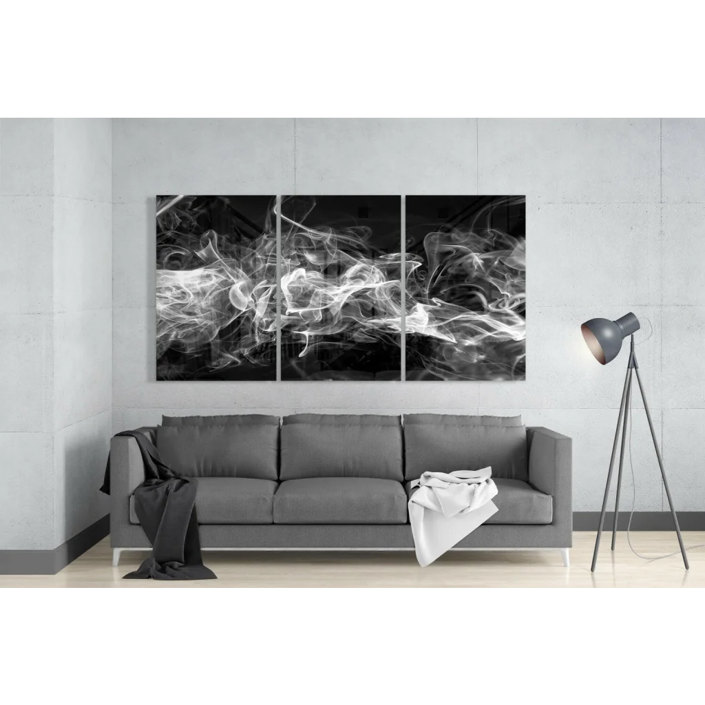 Black-and-white mesmerizing smoke swirl glass wall art triptych