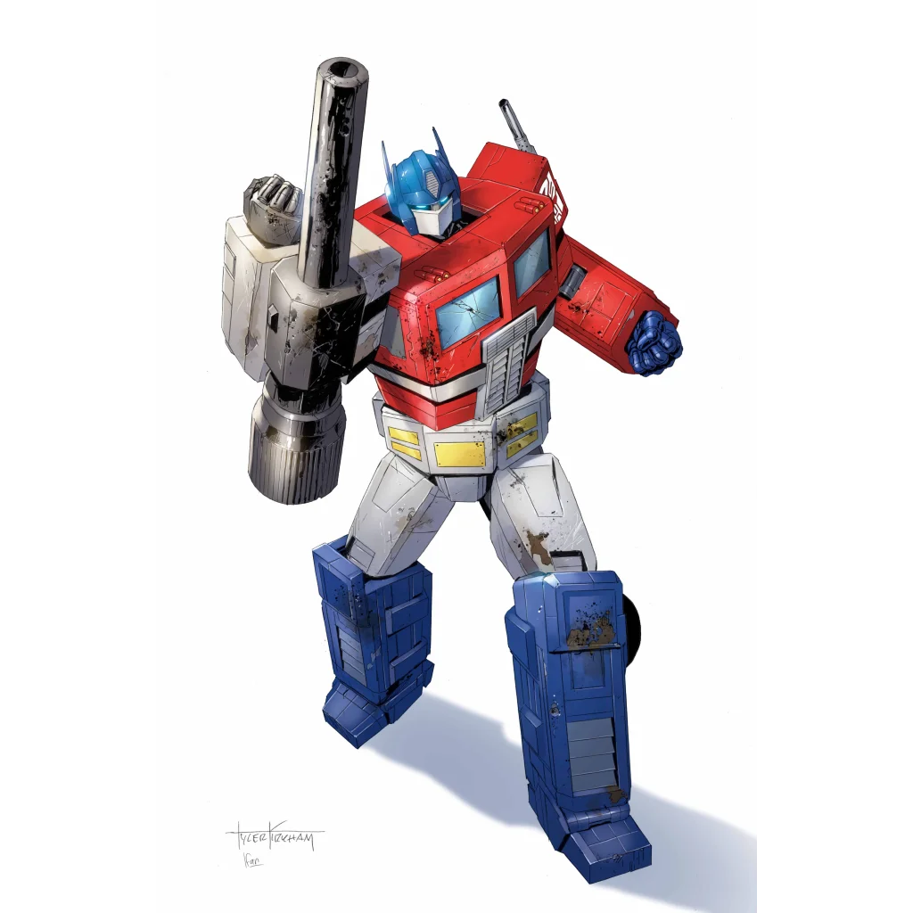 Classic Optimus Prime action figure with battle damage and ion blaster from Tyler Kirkham comics exclusive