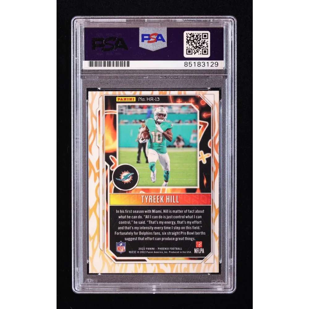 Graded Tyreek Hill Miami Dolphins football card featuring Tyreek Hill action image