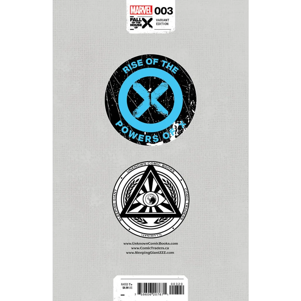 Comic book back cover with emblems and barcode from Unknown Comics Ejikure X-Men Beach Variant