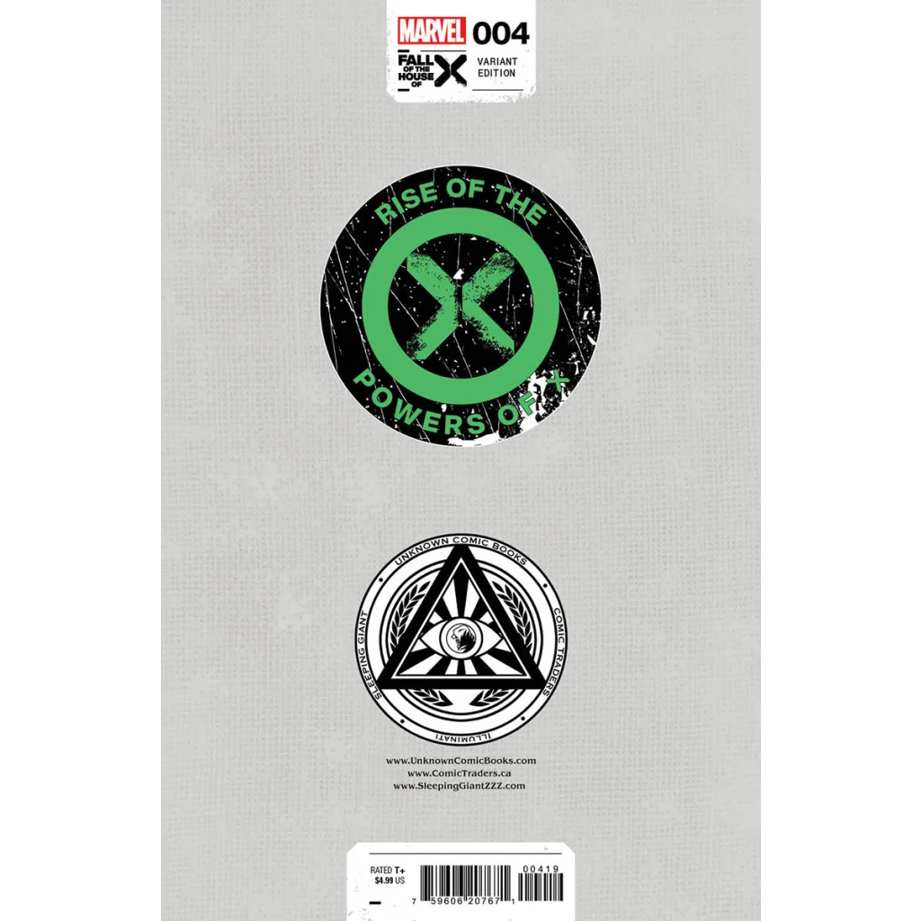 Comic book back cover with two circular logos from Unknown Comics Kaare Andrews exclusive X-Men variant