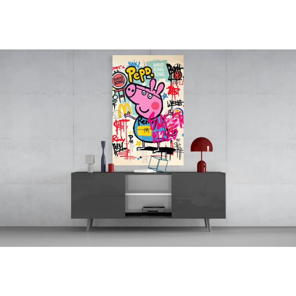 Peppa Pig graffiti wall art canvas in pink with blue dress