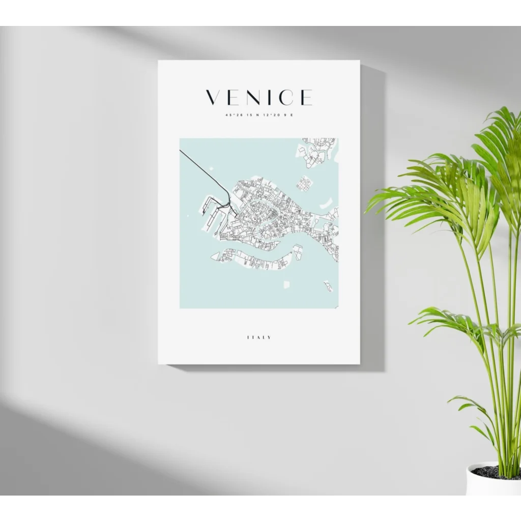 Minimalist Venice map insigne aluminum print in light blue tones