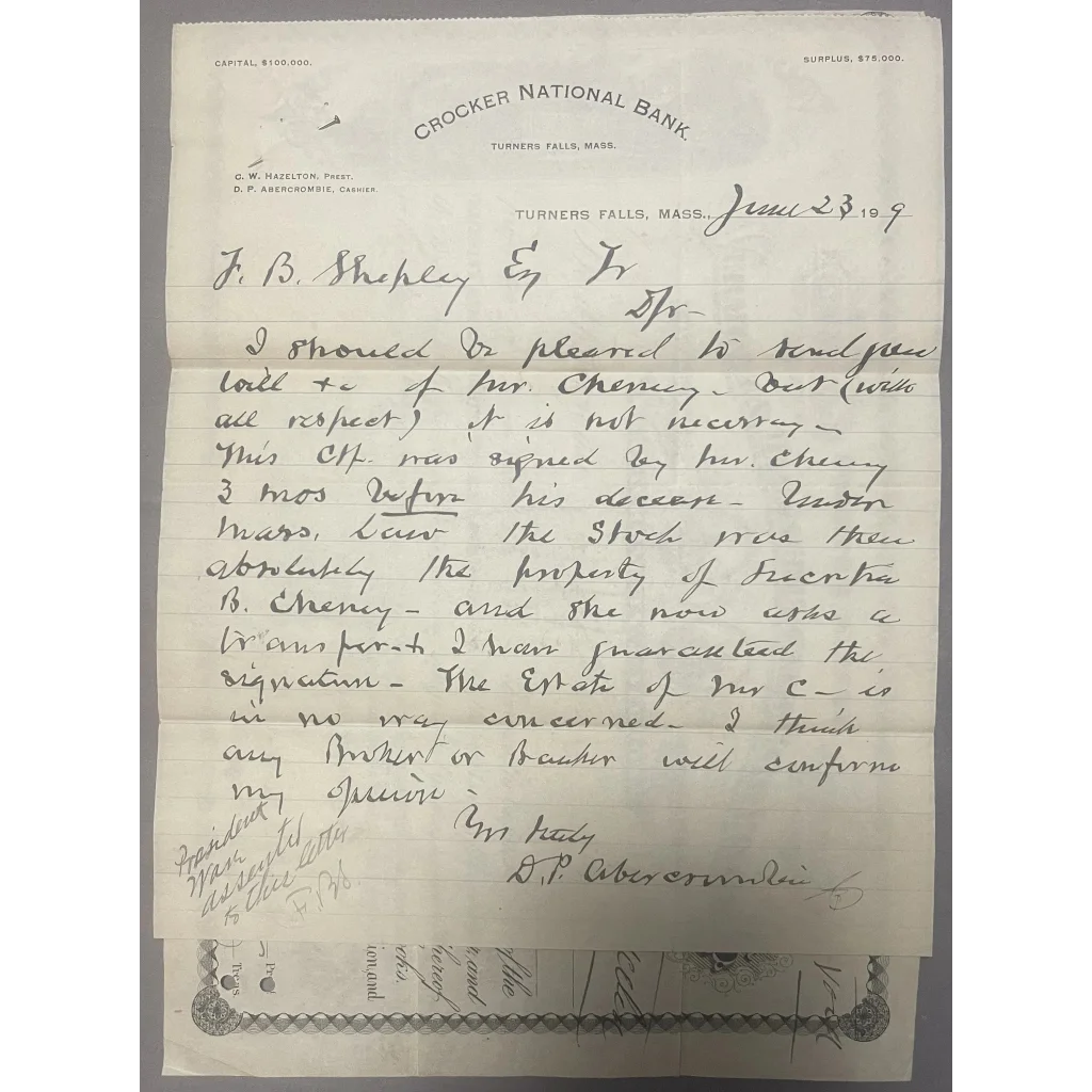 Handwritten letter on vintage bank letterhead, linked to Rare Antique Vermont Massachusetts Railroad Stock Certificate